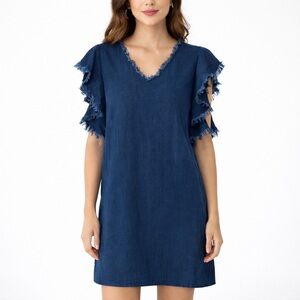 Philosophy Raw-Edge Flutter Sleeve V-Neck Dress in Indigo Blue Size Small